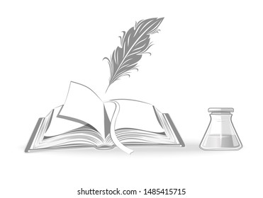 Open notebook, quill and inkwell. Set of black and white monochrome icons. Poetry and literature. Vintage concept design. Vector illustration