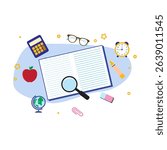 Open Notebook with Red Apple, Blue Calculator, Yellow Clock, and Brown Glasses for Learning Essentials