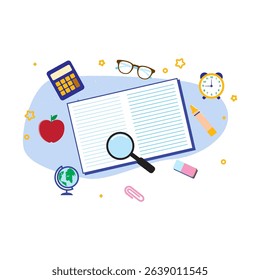 Open Notebook with Red Apple, Blue Calculator, Yellow Clock, and Brown Glasses for Learning Essentials