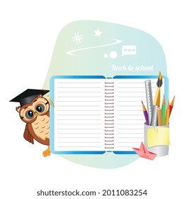 An open notebook in a ruler and pens in a glass, an owl looking out