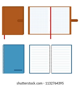 Open notebook, set, isolated on white background, vector illustration