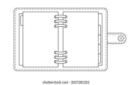 Abrir bloc de notas con aglutinante de espiral, cosido alrededor, con botón de imán. La planificadora de la chica Glam. Vector, esquematizado, aislado de imágenes prediseñadas.