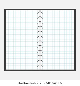 Open notebook with spiral and blank cell paper. Page template. Squared blank sheet of copybook. Flat design. Isolated. Vector illustration.