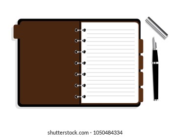 Open notebook with spiral and bookmarks and pen on a white background. organiser icon. 