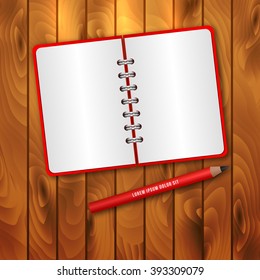 Open notebook with spring and red pencil on wooden background. Vector illustration.  Back to school backdrop. 