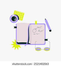 Open notebook surrounded by coffee cup, pen, and glasses, symbolizing writing, journaling, and creativity. Flat vector illustration emphasizing note taking and creative processes