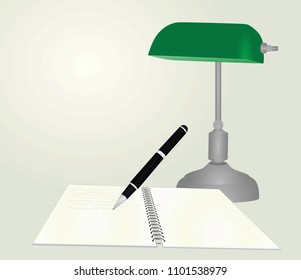 Open notebook and table lamp. vector illustration
