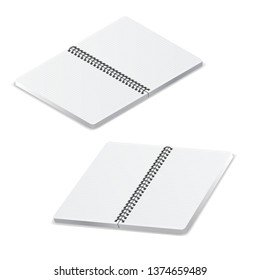 Open notebook template with square grid on white background. Realistic isometric notepad with a spiral.