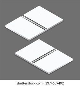 Open notebook template with square grid on grey background. Realistic isometric notepad with a spiral.