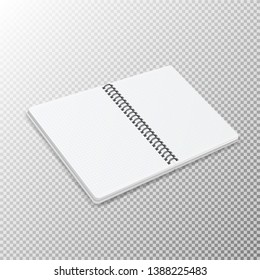 Open notebook template with square grid on transparent background. Realistic isometric notepad with a spiral.