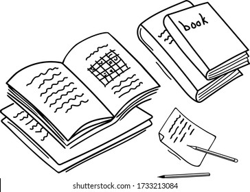 Open notebook or textbook, books and a sheet of notes with pen and pencil. Hand-drawn vector illustration in doodle style. The concept of learning, study, knowledge. Black outlines isolated on a white