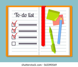 Open notebook with to-do list template,pencil, pen and sticky notes or post it notes. EPS10 vector illustration in flat style.