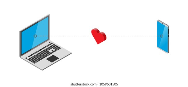 open notebook transmits heart to mobile phone on white. isometry