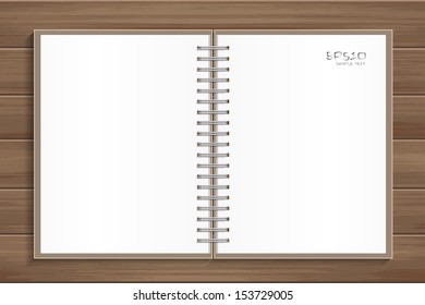 Open notebook with white page on wooden background - Vector illustration