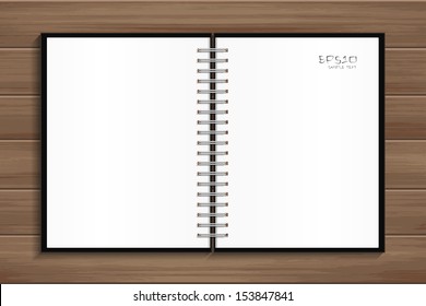 Open notebook with white page on wooden background - Vector illustration