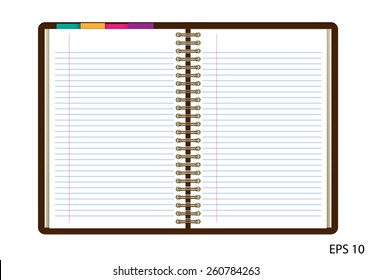 Open notebook with white page on wooden background - Vector illustration 