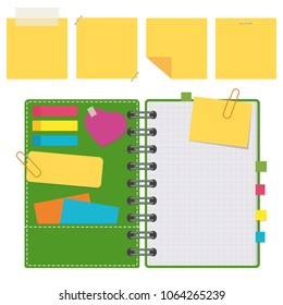 Open notepad with clean sheets on a spiral with bookmarks between the pages. Set of yellow stickers. Colorful flat vector illustration isolated on white background. With space for text or image