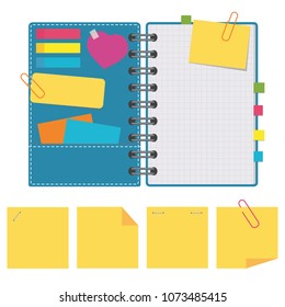 Open notepad with clean sheets on a spiral with bookmarks between the pages. Set of yellow stickers. Colorful flat vector illustration isolated on white background. With space for text or image