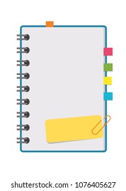 Open notepad with clean sheets on a spiral with bookmarks between the pages. Colorful flat vector illustration isolated on white background. With space for text or image