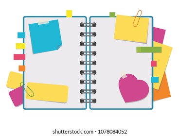 Open notepad with clean sheets on a spiral with bookmarks between the pages. Colorful flat vector illustration isolated on white background. With space for text or image