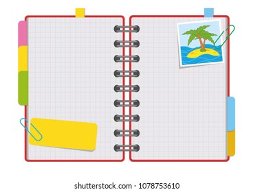 Open notepad with clean sheets on a spiral with bookmarks between the pages. With a photo of the beach. Colorful flat vector illustration isolated on white background. With space for text or image