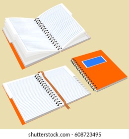 Open notepad with metal spiral. Isolated notebook with metal spiral. Notepad with the alphabet and bookmark. Image in perspective.