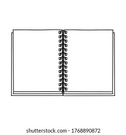 Open Notepad on a spiral in Doodle style. Space for your text. Office supplies for notes or drawing. A design element dor school, study, Hobbies. Black-white vector. Hand drawn, isolated on a white