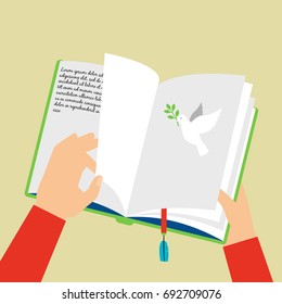 Open notepad scheduler with bookmark. Hand flips through pages, vector illustration