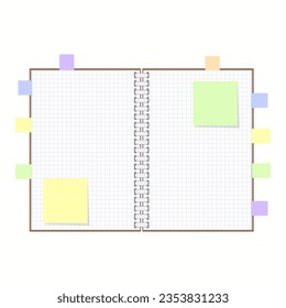 Open notepad with sheets on a spiral with bookmarks between the pages. Colorful flat illustration on white background. With space for text or image