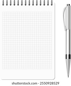 Open notepad with square paper and realistic pen mockup