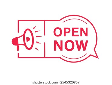 Open now badge banner megaphone. Advertising design template vector.