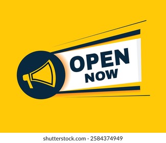 Open now banner element with megaphone. vector design flat type.