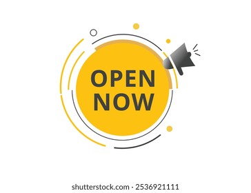 Open now banner label icon loudspeaker flat design element. Vector sign.