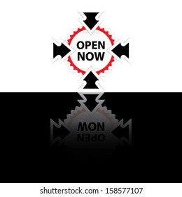 Open now button, icon, sticker or symbols with arrow. - Vector.