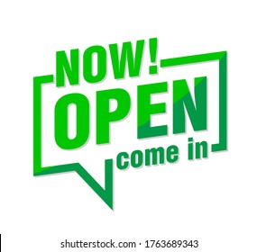 Open now green sticker. Pointer with torn square brackets. Web banner on transparent background. Illustration, vector