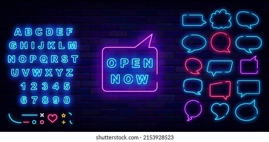 Open now neon signboard. Speech bubbles collection. Shiny blue alphabet. Shop advertising. Marketing promotion. Glowing effect banner. Message on brick wall. Vector stock illustration