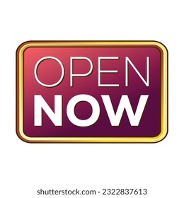 Open Now Rubber Stamp, Label, Emblem, Seal, Sticker, Patch, Banner, Design Element, 3D Realistic Shiny And Glossy Badge Design Vector Illustration