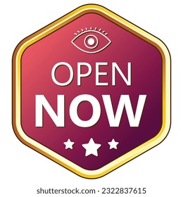 Open Now Rubber Stamp, Label, Emblem, Seal, Sticker, Patch, Banner, Design Element, 3D Realistic Shiny And Glossy Badge Design Vector Illustration