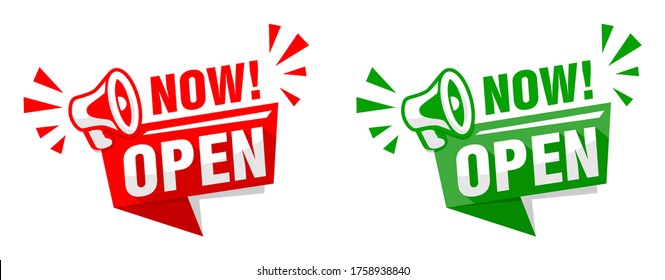 Open Now Sticker With Megaphone. Web Banner On Transparent Background. Illustration, Vector