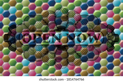 Abrir ahora el texto dentro del emblema multicolor Moneda Colorful. Hexagon bonito fondo. Ilustración artística. 