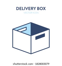 Open office box flat isometric icon. Vector illustration of a cardboard office box for papers and personal belongings. Parcel package, delivery service, packing things, moving out