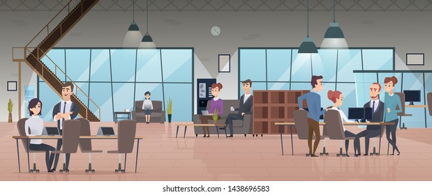 Open office interior. Business people workspace corporate working characters vector modern office. Illustration of office interior workspace, business employee coworking