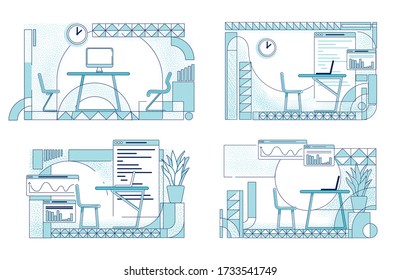 Open office interior designs outline vector illustrations set. Modern coworking space contour compositions on white background. Corporate employee workplace simple style drawings collection