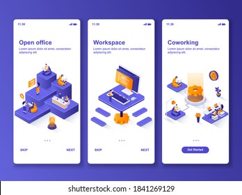 Open office isometric design kit. Coworking workspace and partnership templates for mobile app. Business team collaboration UI UX onboarding screens. Vector illustration with tiny people characters.