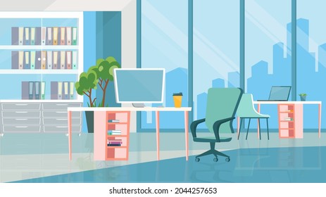 Open office room interior concept in flat cartoon design. Workplaces with computers, tables and chairs, bookcase with folders, huge window with city skyline. Vector illustration horizontal background