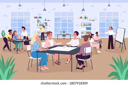 Open office space flat color vector illustration. Workplace. Business ladies. Women work in comfortable environment. 2D cartoon faceless characters with big windows and bookshelves on background