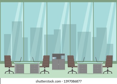 Open office workspace with two desks and large panoramic window. Vector illustration.