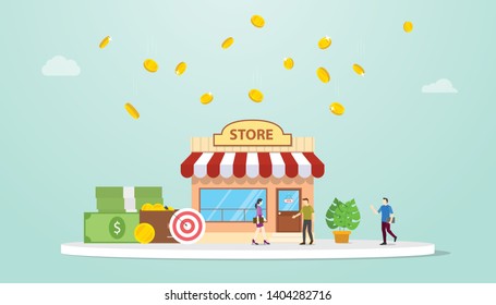 open offline store or shop business building concept with team people and money with modern flat style - vector