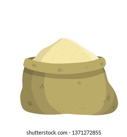 Open old bag of flour and grain. County Gray Burlap with rope. Element of the village and of the middle ages. Storage and packing of cargo and grain. sack package for things. Cartoon flat illustration