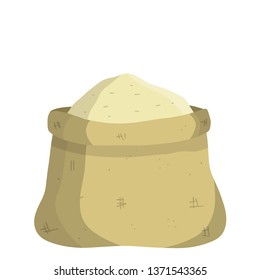 Open old bag of flour and grain. County Gray Burlap. Element of the village and of the middle ages. Storage and packing of cargo and grain. sack package for things. Cartoon flat illustration
